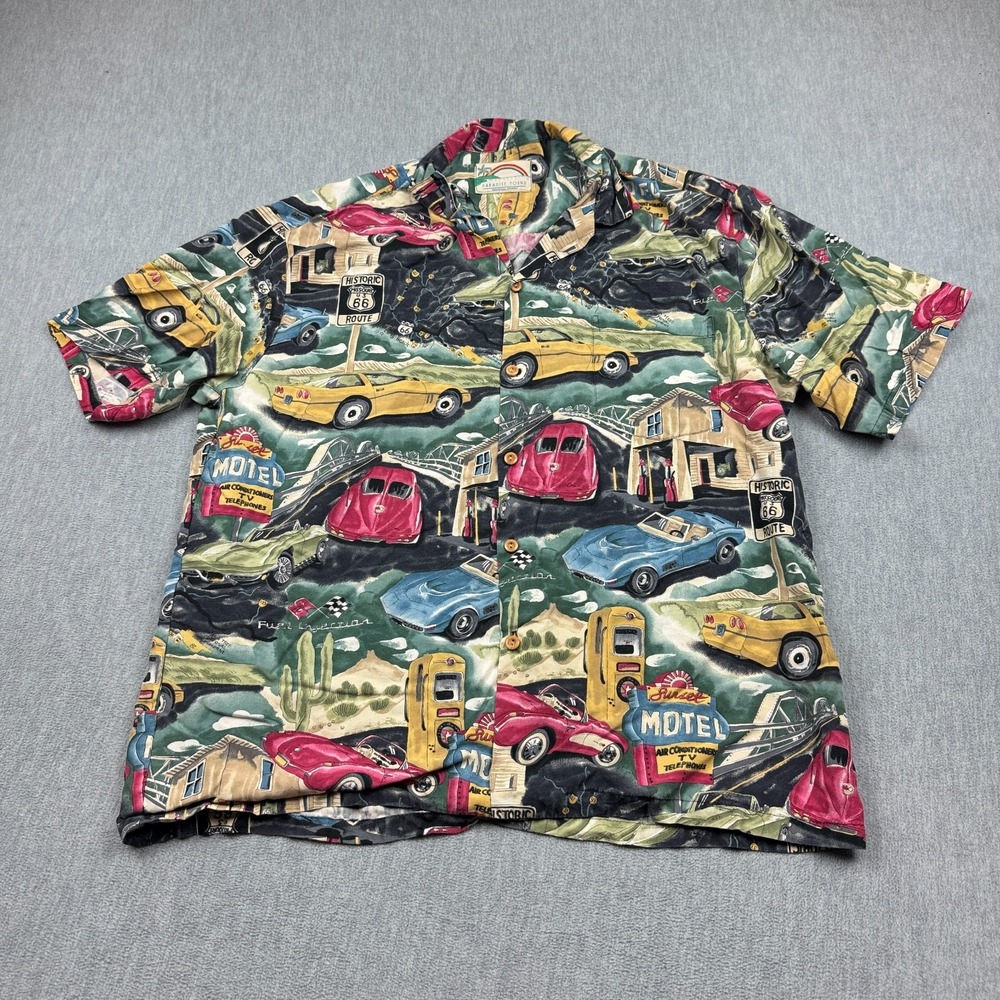 Vintage Paradise Found Shirt‎ Mens 2XL XXL Green Red Camp Hawaiian Classic Cars
